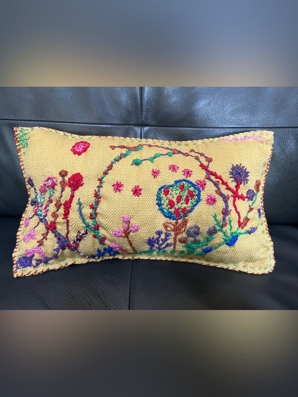 Handmade Embroidered Decorative Pillow Folk Art Floral Burlap 12” x 6.5”